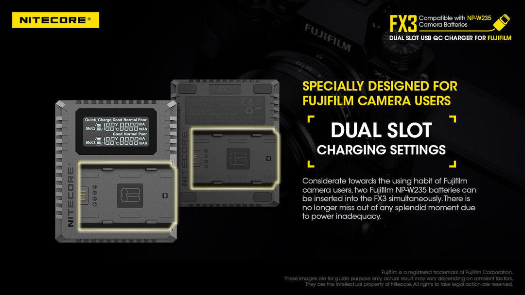 FX3 (Fujifilm NP-W235) Dual-Slot Battery Charger - Nitecore Singapore