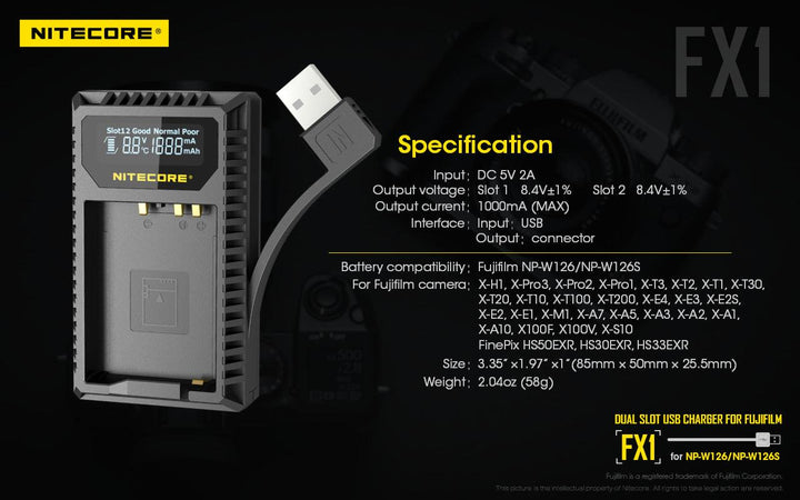 FX1 (Fujifilm NP-W126) Dual-Slot Battery Charger - Nitecore Singapore
