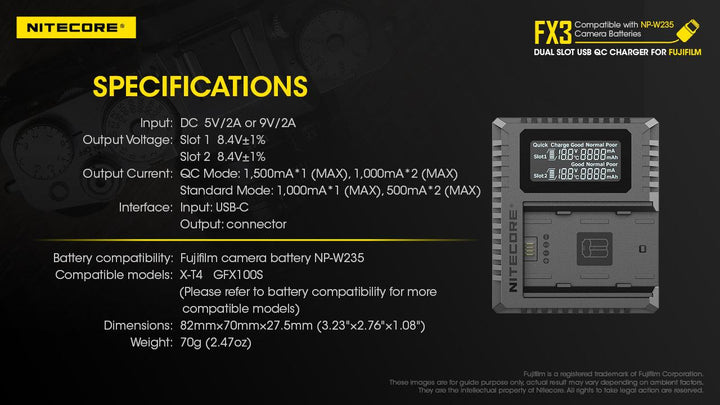 FX3 (Fujifilm NP-W235) Dual-Slot Battery Charger - Nitecore Singapore