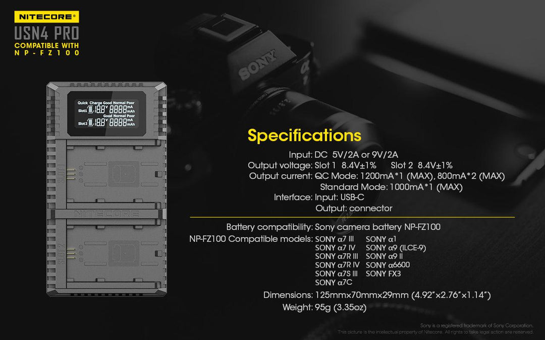 USN4 PRO (Sony NP-FZ100) Dual-Slot Battery Charger - Nitecore Singapore