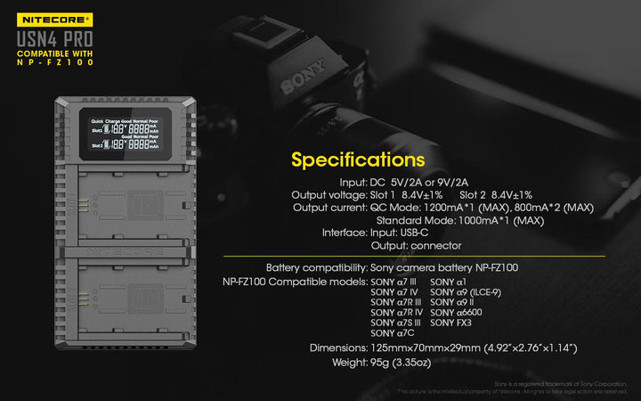 USN4 PRO (Sony NP-FZ100) Dual-Slot Battery Charger - Nitecore Singapore