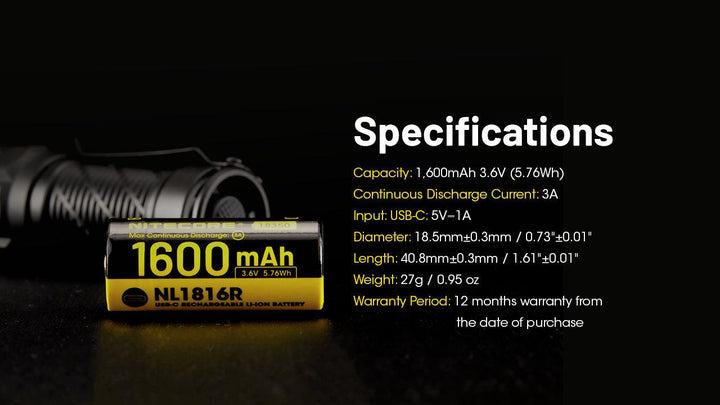 NL1816R (1600mAh - 3A) for MT1C PRO - Nitecore Singapore