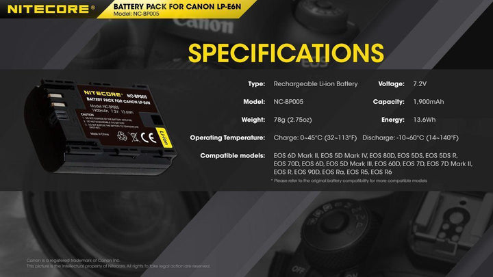 LP-E6N (1900mAh) Battery Pack for Canon (NC-BP005) - Nitecore Singapore