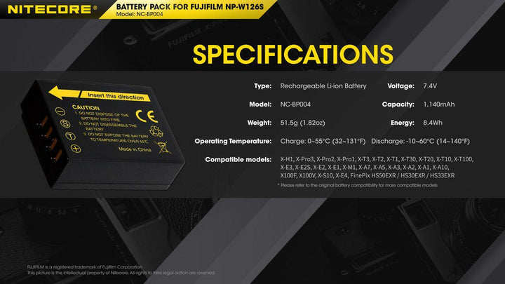 NP-W126S (1140mAh) Battery Pack for Fujifilm (NC-BP004) - Nitecore Singapore