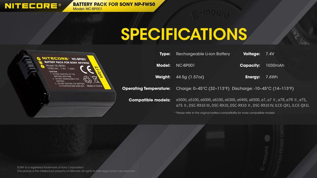 NP-FW50 (1030mAh) Battery Pack for Sony (NC-BP001) - Nitecore Singapore