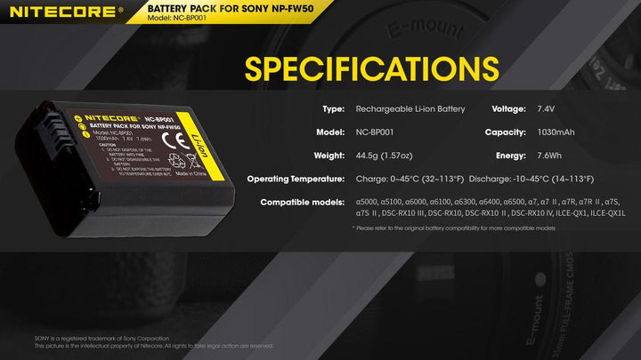 NP-FW50 (1030mAh) Battery Pack for Sony (NC-BP001) - Nitecore Singapore