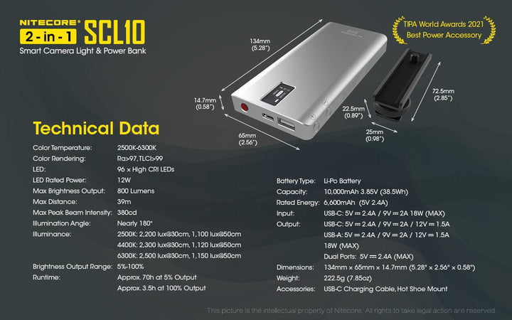 SCL10 - 2-in-1 Light & Power Bank (10,000mAh 18W) - Nitecore Singapore