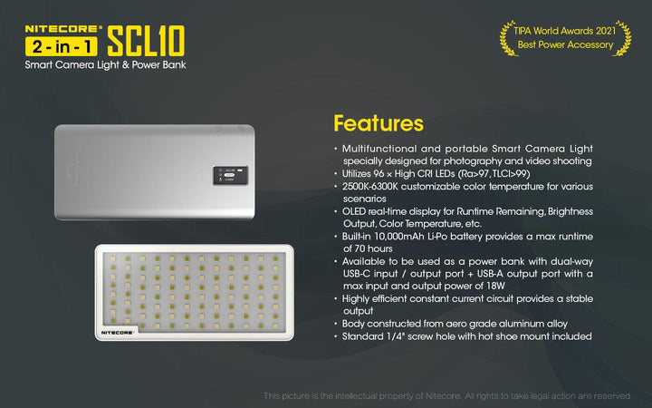 SCL10 - 2-in-1 Light & Power Bank (10,000mAh 18W) - Nitecore Singapore