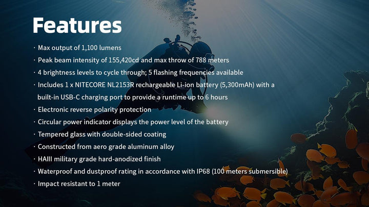 DL30 - 1100 lumens (100m Depth Diving Light) - Nitecore Singapore
