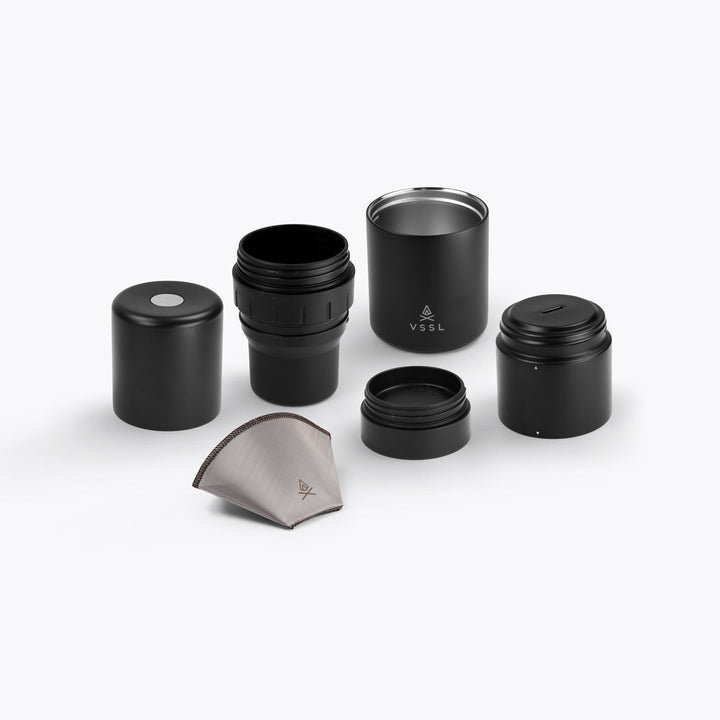 VSSL Nest Pour-Over Kit - two mugs, dripper, lid, nesting cup and filter laid out - Nitecore Singapore