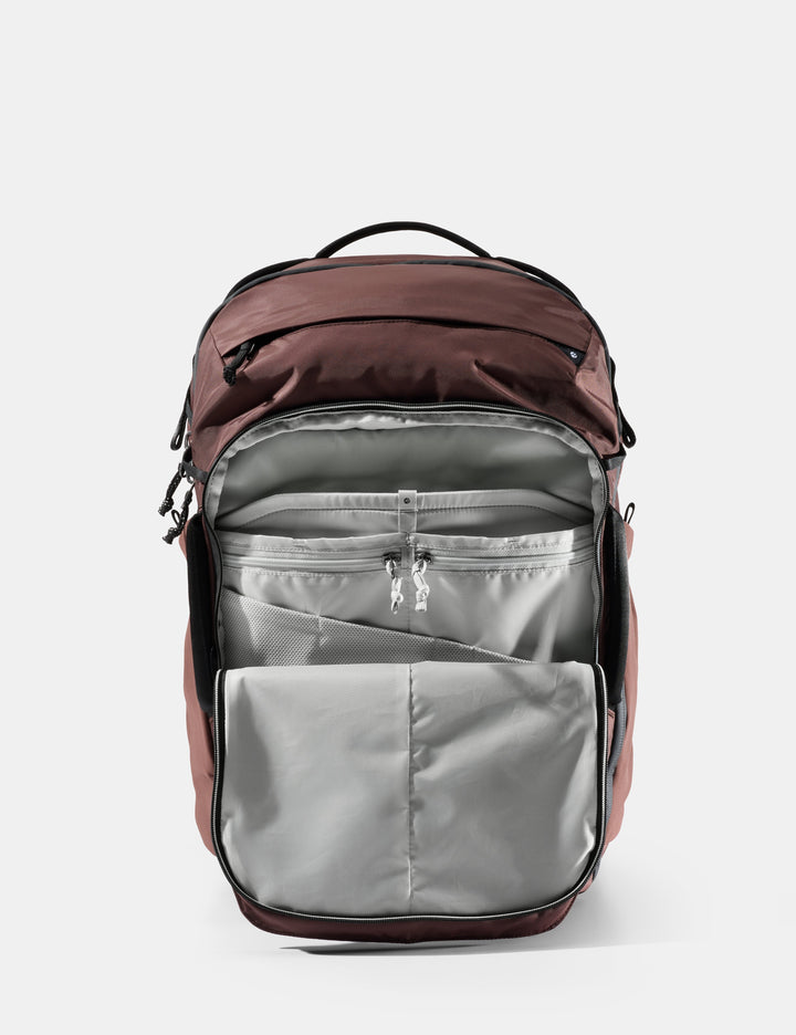 Matador 35L Global Travel Pack in Garnet - garnet and gray backpack on a white background