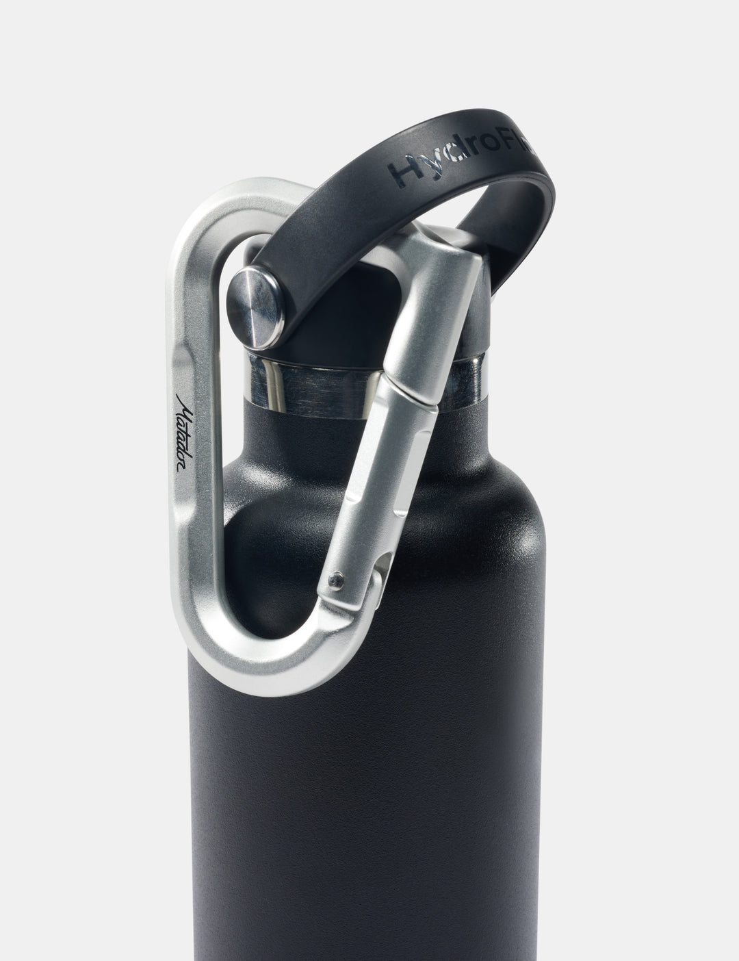 Matador BetaLock in Canyon Orange - black water bottle with silver carabiner on a white background