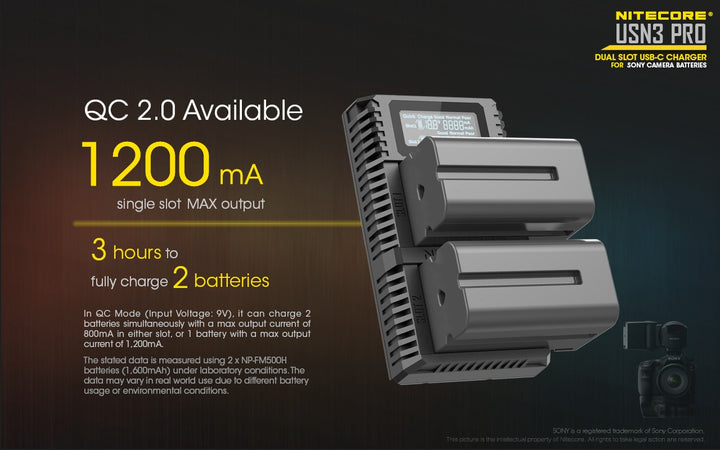 USN3 PRO (Sony NP-FM500H, NP-F730, NP-F750, NP-F770, NP-F970, NP-F550) Dual-Slot Battery Charger