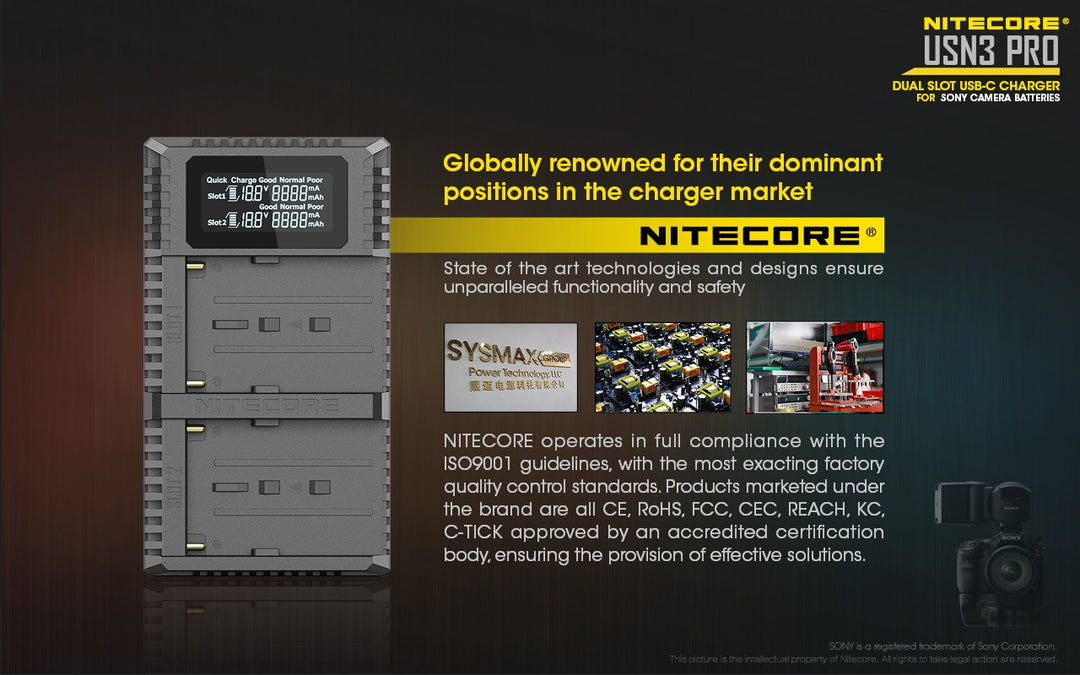 USN3 PRO (Sony NP-FM500H, NP-F730, NP-F750, NP-F770, NP-F970, NP-F550) Dual-Slot Battery Charger