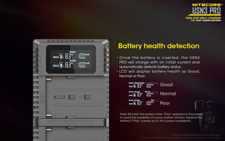 USN3 PRO (Sony NP-FM500H, NP-F730, NP-F750, NP-F770, NP-F970, NP-F550) Dual-Slot Battery Charger