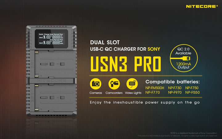 USN3 PRO (Sony NP-FM500H, NP-F730, NP-F750, NP-F770, NP-F970, NP-F550) Dual-Slot Battery Charger
