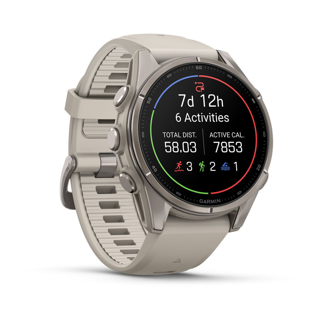 Garmin fēnix 9 - 43 mm Titanium with Fog Gray Band studio view - Nitecore Singapore