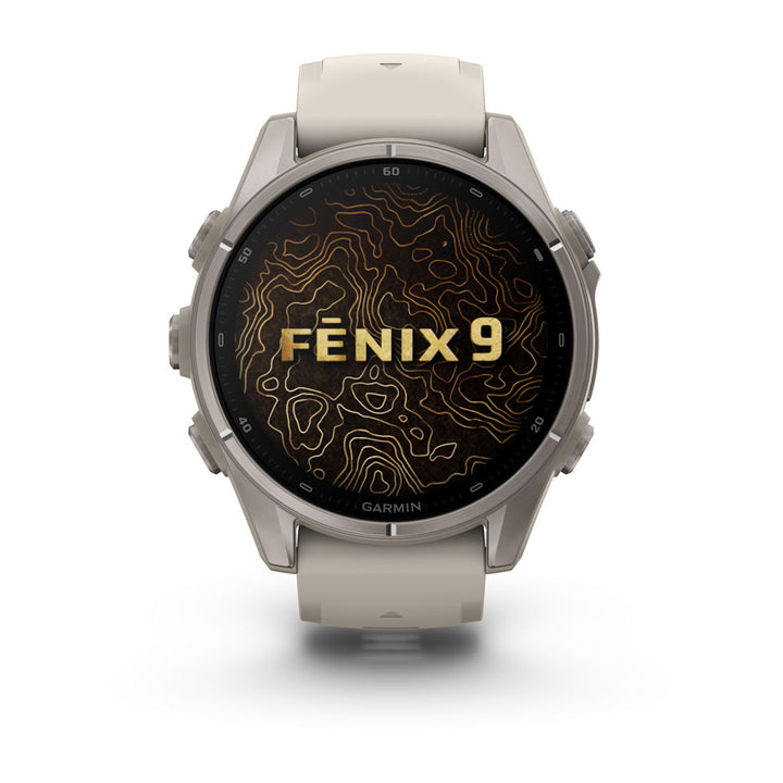 Garmin fēnix 9 - 43 mm Titanium with Fog Gray Band studio view - Nitecore Singapore
