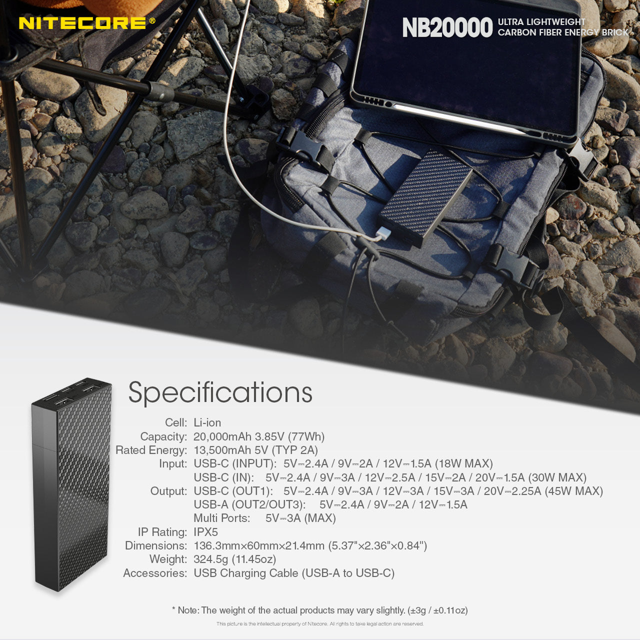 NB20000 Carbon Fiber Energy Brick (20,000mAh 3A 45W) Bundle